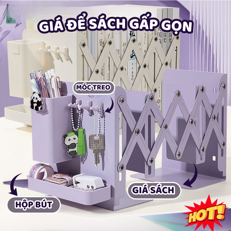 (MỚI) Giá Đỡ Sách Gấp Gọn Đa Năng Kèm Móc Treo Và Hộp Bút, Kệ Sách Mini Bàn Học Văn Phòng Tiện Lợi