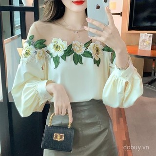 Áo sơ mi nữ thiết kế độc đáo lưới bảng, phong cách mới với họa tiết hoa thêu sang trọng