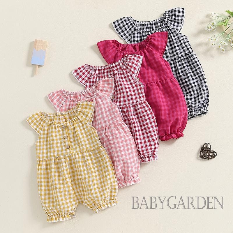 Baga-baby Bé Gái Áo Liền Quần Kẻ Sọc Nút Bay Tay Co Giãn Cổ Tròn Jumpsuit Quần Áo Thường Ngày Mùa Hè