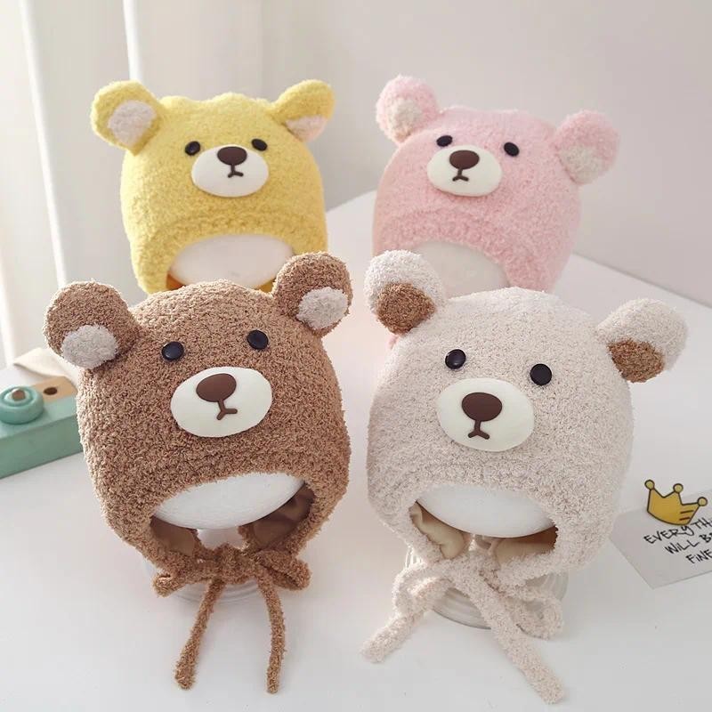 Mũ len hình chú Gấu Bịt Tai có dây buộc cho  Bé Trai Bé Gái Thu Đông - Nón len nhiều màu cho bé(Tuyển   )