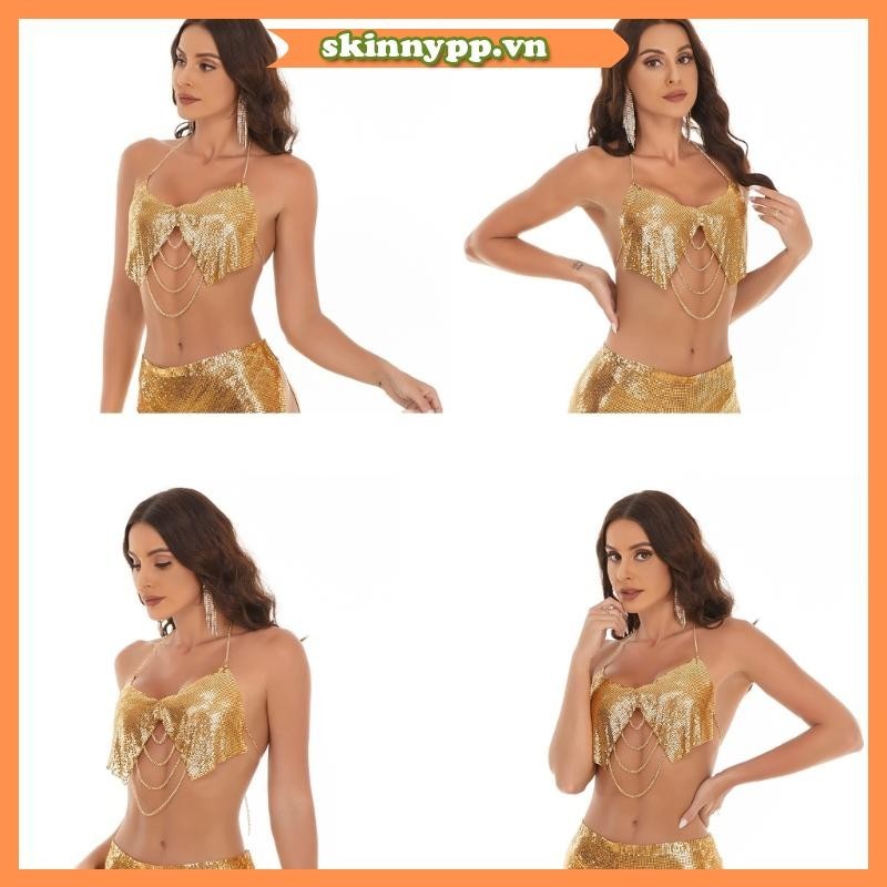 Da Nữ Tua Rua Kim Sa Lấp Lánh Crop Tops Lấp Lánh Xe Tăng Áo Không Tay Spaghetti Dây Vest Raves Đảng Clubwear