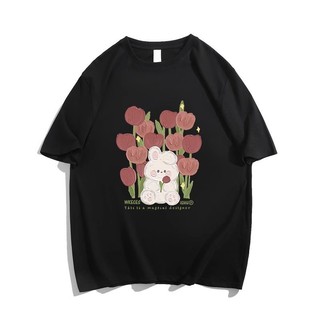 Áo thun ngắn tay màu hồng đậm chất cotton nguyên chất dành cho nữ áo dáng rộng