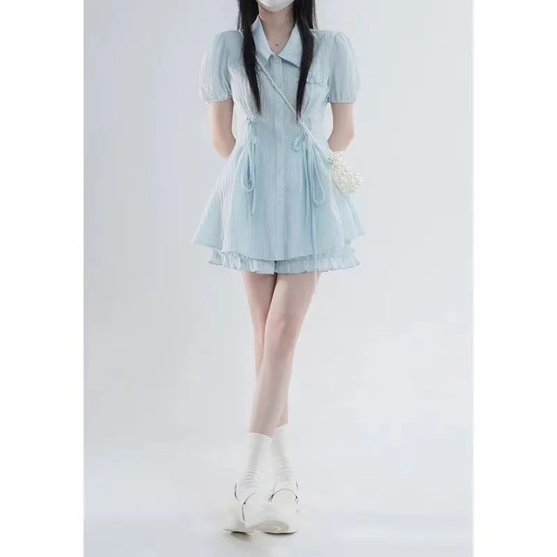 Bộ đồ nữ Thiết kế việt quất Xanh mới ngọt ngào Áo sơ mi ngắn tay + quần Short Bộ đồ hai mảnh eo cao