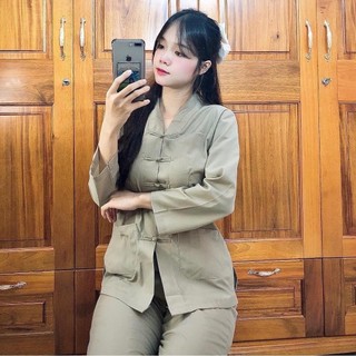 Mẫu cổ V nút thắt la hán truyền thống,set đồ lam nữ đi chùa Áo Top