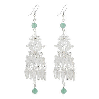 Bông tai bạc Miao phong cách Trung Quốc, tua dài ngọc bích Aventurine, kẹp tai nữ, móc bạc S925