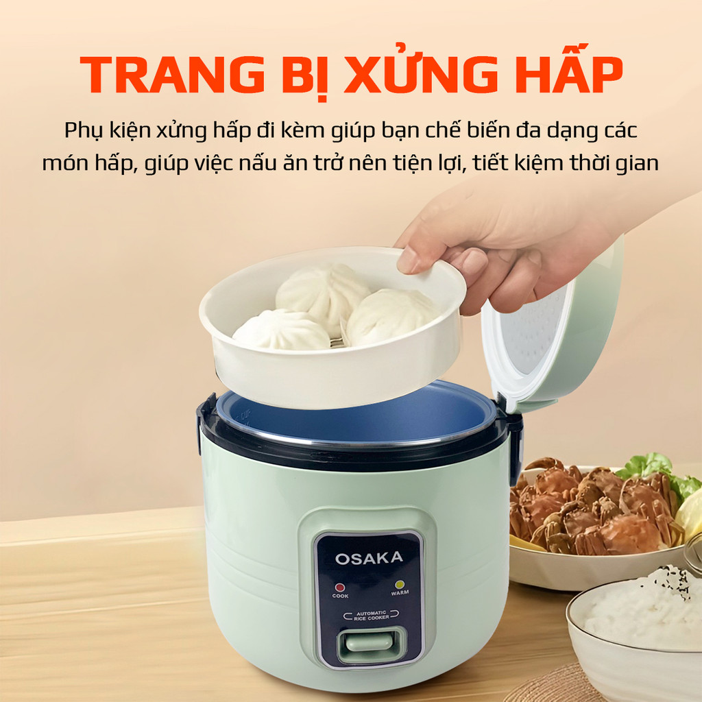 Nồi Cơm Điện OSAKA RC-18 Dung Tích 1.8L, Lòng Tráng Men Titanium Chống Dính, Kèm Xửng Hấp
