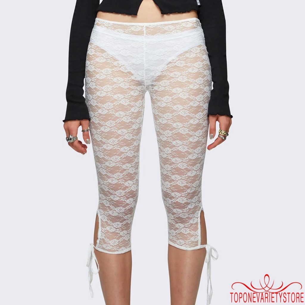 Topone-nữ Ren Capri Quần Thường Ngày Băng Cutout Quần thun xuyên thấu