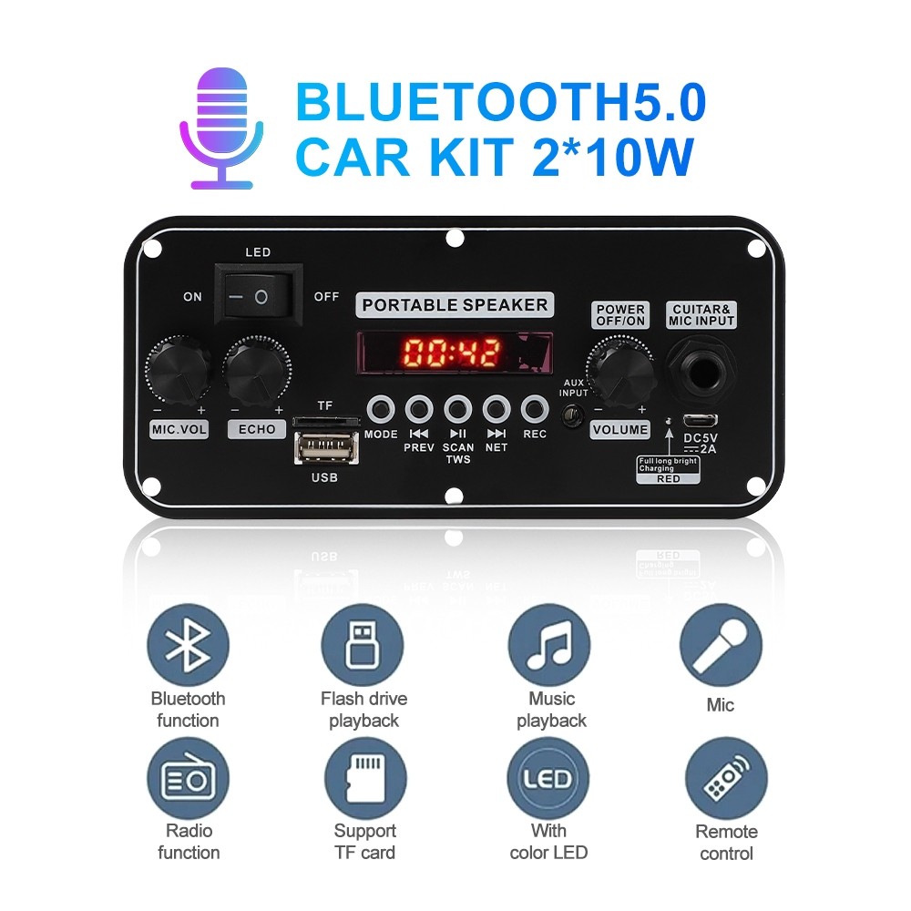Bảng giải mã 20W DC 5V Bluetooth 5.0 MP3 WAV APE Khuếch đại Âm thanh ô tô Máy nghe nhạc DIY Mô-đun vô tuyến FM RGB TF AUX USB Mic Record
