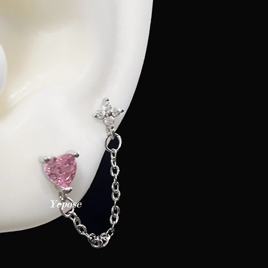 Đôi lỗ tai chuỗi xương tai màu hồng tình yêu Zircon đinh xương bằng thép Titan xoắn ốc thiết kế cảm giác bông tai thích hợp Bông tai