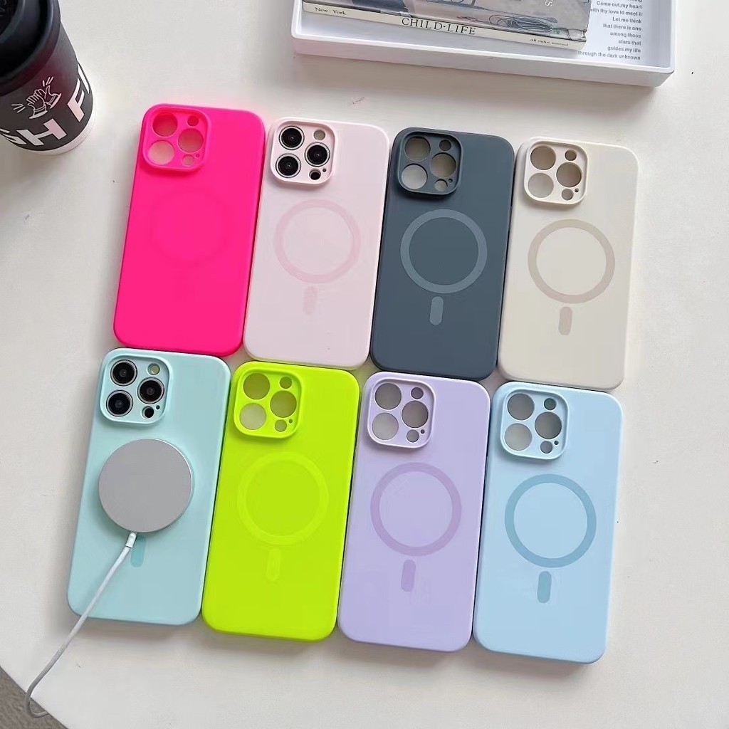 Ốp Điện Thoại Silicon Lỏng Xanh Huỳnh Quang Từ Tính Cho iPhone 16ProMax 16Pro 16Plus 15ProMax 14 13 12ProMax Bảo Vệ Toàn Diện Camera Chống Sốc Bảo Vệ Vỏ Mềm