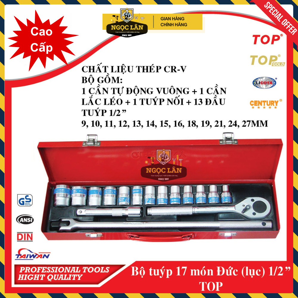 [Chính hãng Top] Bộ tuýp 17 món TOP kiểu Đức 1/2'' típ 9-27mm (hệ mét) hàng Đài Loan cao cấp