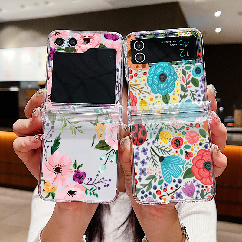 Hoa Họa Tiết Trong Suốt Ốp Lưng Điện Thoại Samsung Galaxy Z Flip 7 Flip 6 Flip 5 Flip 4 Flip 3 5G Full Bản Lề Cứng PC Gấp Bao Dành Cho Samsung Z Flip7 Flip6 Flip5 Flip4 Flip3