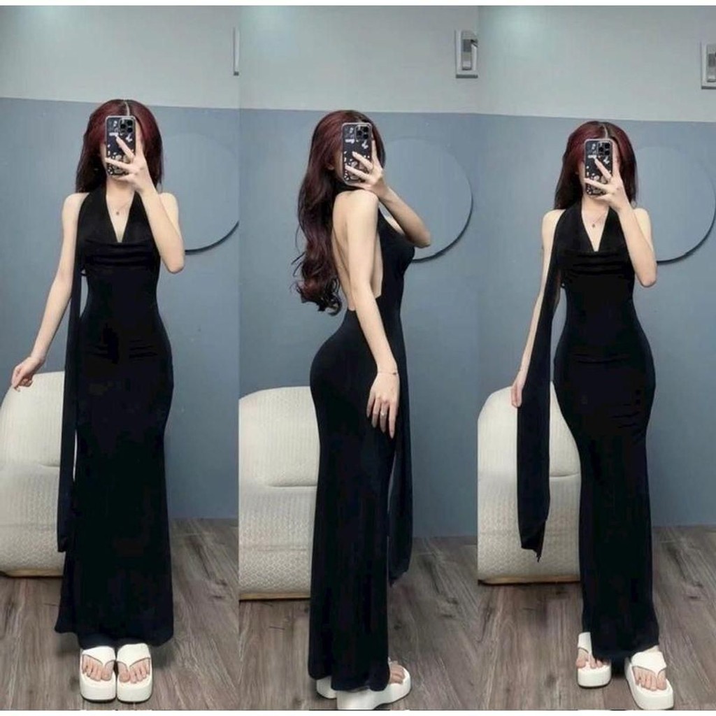 Đầm ôm body dáng đuôi cá cổ đổ, cột nơ hở lưng - Thun gân lạnh,  váy tiệc xᶖnh, tôn dáng