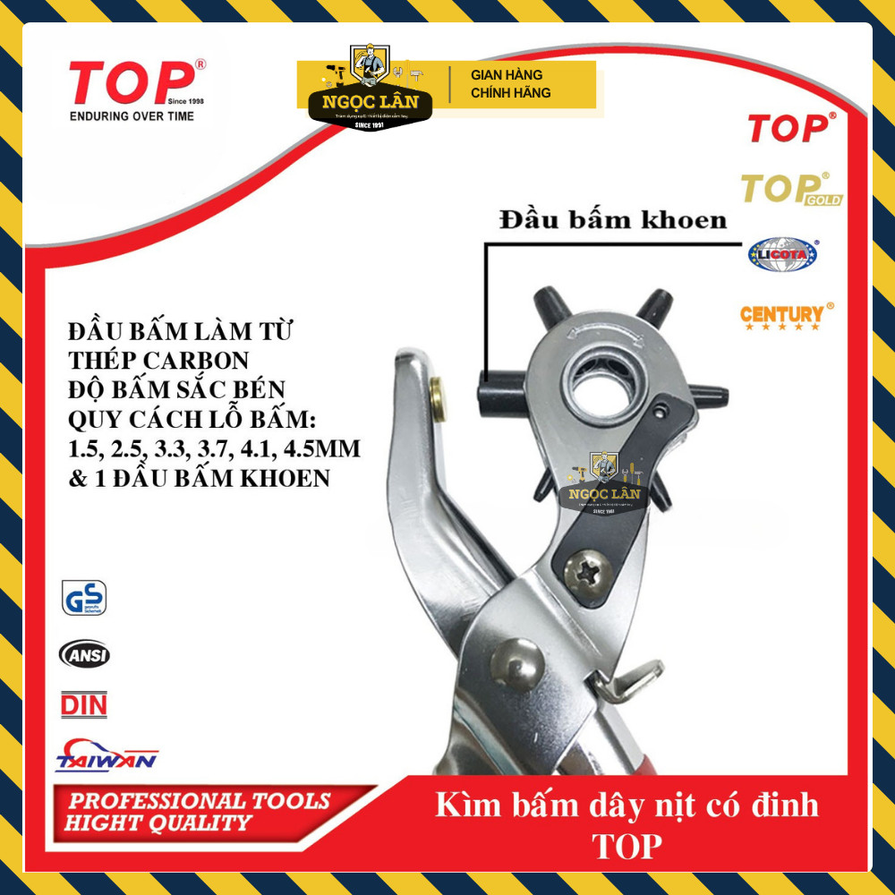 [Chính hãng TOP] Kìm bấm lỗ dây nịt, thắt lưngTOP kèm 100 khoen, bấm lỗ từ 1,5-2.5-3.3-4.1-4.5mm