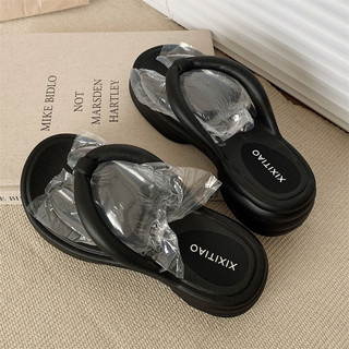 Xixitiao Ngoài Trời Tăng Chiều Cao Đế Dày Thời Trang Mùa Hè Đơn Giản Đi Biển Flip-Flops Nữ