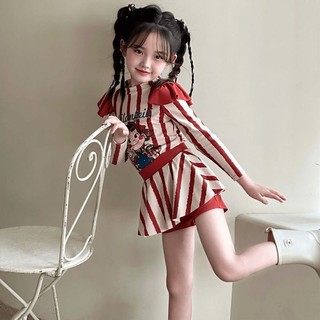 Đồ bơi cho bé gái tay dài sọc đỏ trắng - Bộ đồ bơi 3 món dễ thương chống nắng đi biển