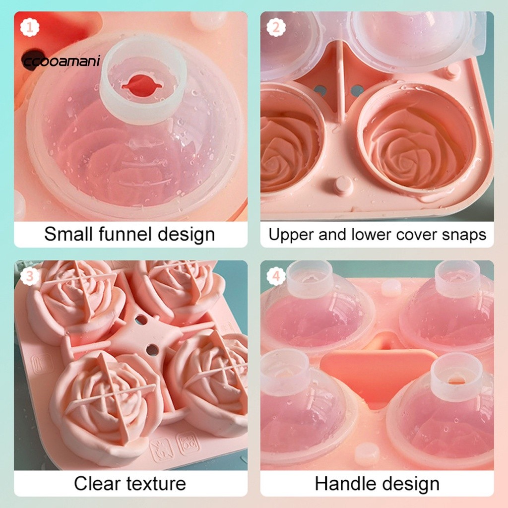 Khuôn làm đá 4 viên hình bông hoa hồng khay đá silicon có nắp xinh xắn cute khuôn làm thạch trang trí đồ uống tủ lạnh