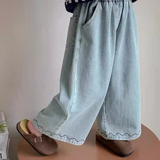 Mùa Xuân Thu Phong Cách Mới Bé Gái Quần Jean Trẻ Em Xanh Nhạt Thẳng Quần Thêu Thời Trang Phiên Bản Hàn Quốc Quần Dài Cho Bé