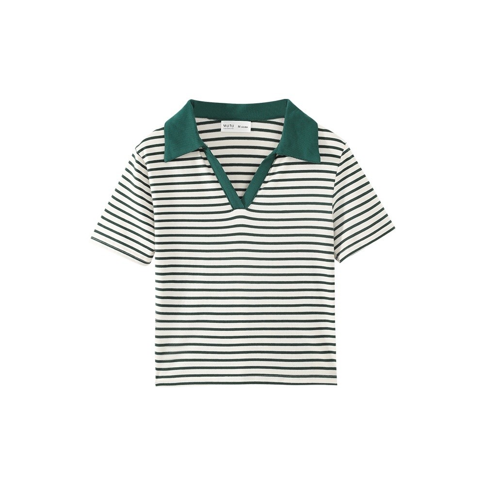 Mutu Nhật Bản Retro Polo cổ sọc, áo thun nữ, xu hướng thời trang hè mới nhất 2025