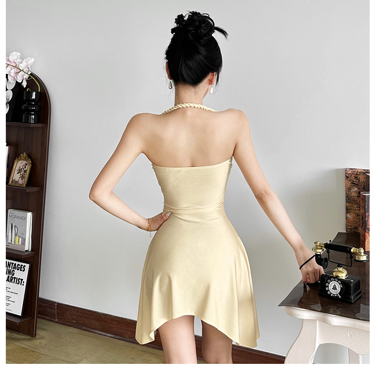 Klalien Đầm Shell Kim Loại Satin Phong Cách Y2K, Gợi Cảm Cổ Thấp Lưng Không Đều, Mini Bodycon Không Tay Mùa Hè