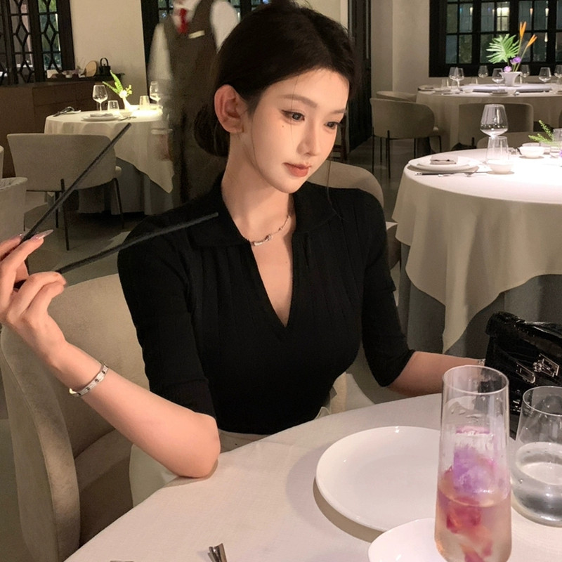 SUXI Áo len có ve áo phong cách nhẹ nhàng và thời trang mùa hè, thiết kế đơn giản dành cho nữ
