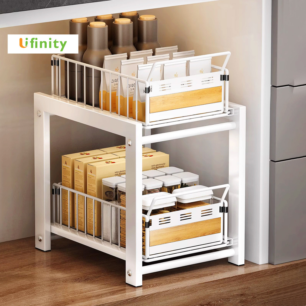 Lifinity Kệ Bếp Ngăn Kéo 2 Tầng 26cm Có Mặt Gỗ, Kệ Gia Vị Ray Trượt Để Trong Tủ Bếp, Màu Xám/Trắng