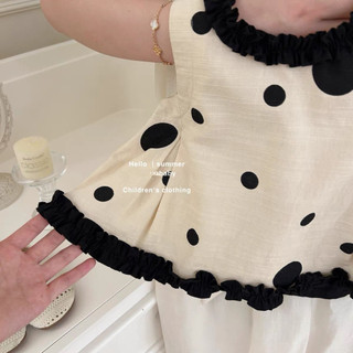 Mùa Hè Bé Gái Chấm Bi Ngọt Ngào Bộ Áo Trẻ Em Vải Lanh Cotton Phiên Bản Hàn Quốc Áo Thun Không Tay + Quần Short Bộ Hai Mảnh Dễ Thương