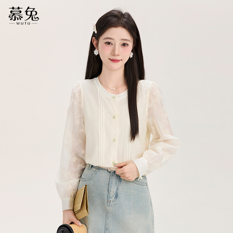 Mutu Áo sơ mi thanh lịchjacquard cổ tròn tay dài cho mùa hè 2026