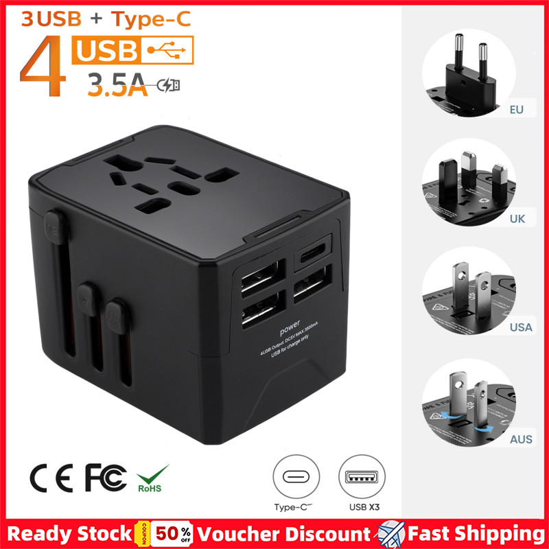 [Hàng có sẵn] Bộ chuyển đổi du lịch đa năng với 3 cổng USB Bộ chuyển đổi nguồn sạc nhanh Type C Phích cắm EU / UK / USA / AUS cho du lịch toàn cầu