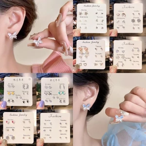 Set 7 Bông Tai Ngọc Trai Đính Kim Cương Vàng 925 Thời Trang Hàn Quốc