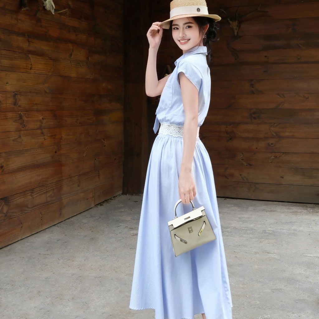 Set áo sơ mi cách điệu phối ren thêu trắng KHIẾT Fashion mix cùng chân váy chữ A xòe kẻ sọc xanh trẻ trung KS282