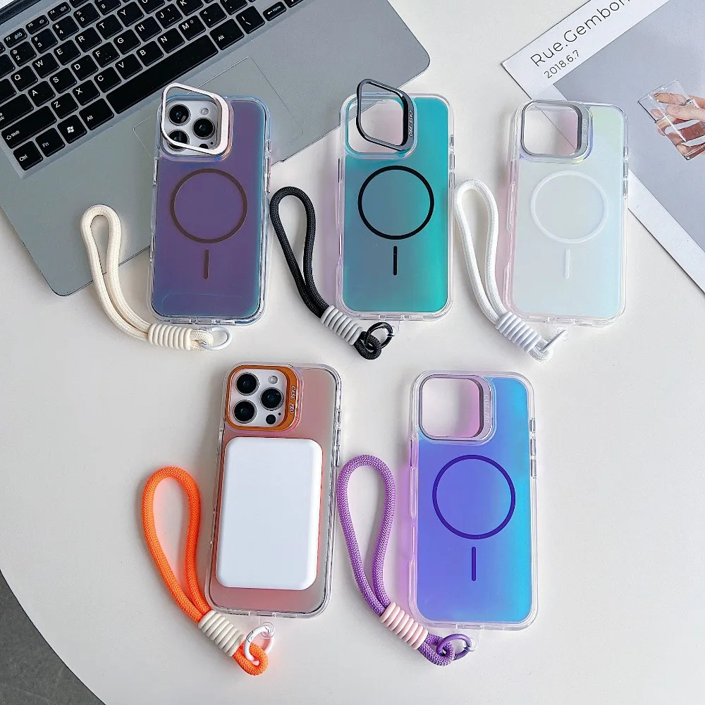Từ Gradient Dây Đeo Cổ Tay Ốp Lưng Điện Thoại iPhone 17 16e 16 Pro Max 15 14 Plus 13 12 11 Dây Gấp Ống Kính Đứng