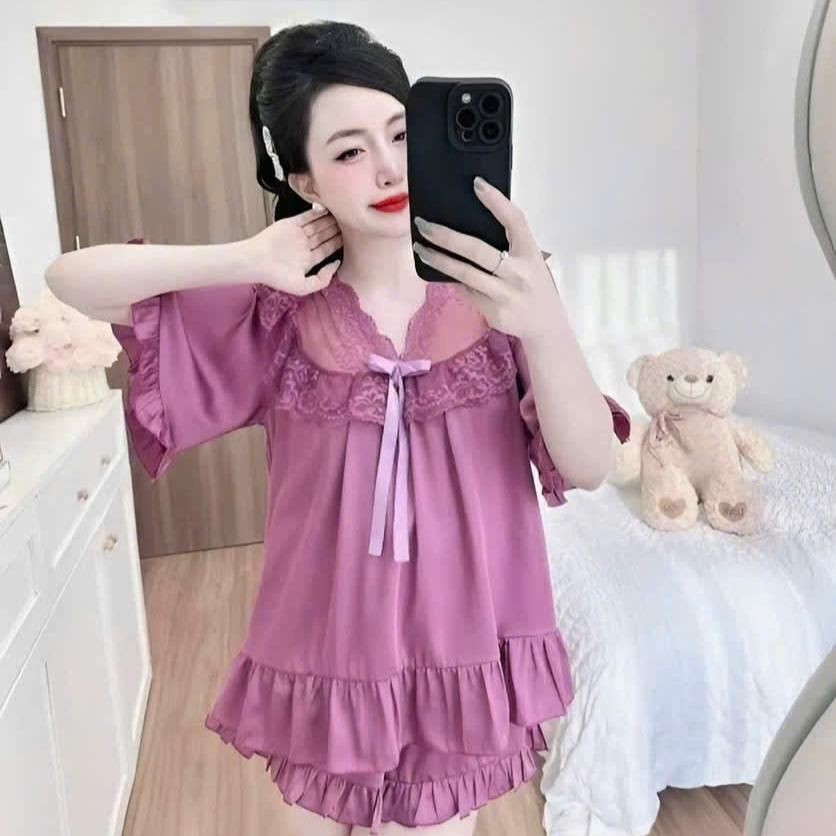 Bộ Đồ Ngủ Babydoll Cổ Ren Hoa Chất Vải Lụa Latin CL