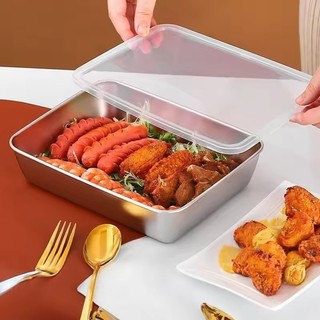 Chảo đựng thực phẩm hình chữ nhật bằng thép không gỉ có nắp - Hộp đựng trái cây rau củ dung tích lớn