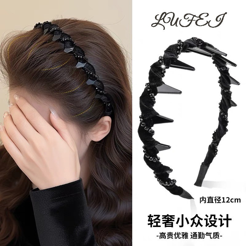 Băng đô phong cách Hàn Quốc với hạt kim cương giả màu đen - Dễ dàng cố định và thoải mái trong mùa thu đông