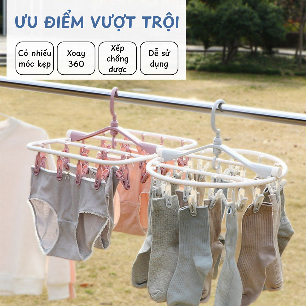Móc Phơi Đồ Xoay 360 Độ, Móc Chùm Kẹp Phơi Đồ Lót, Tất Vớ Gấp Gọn Tiện Lợi Chống Bay