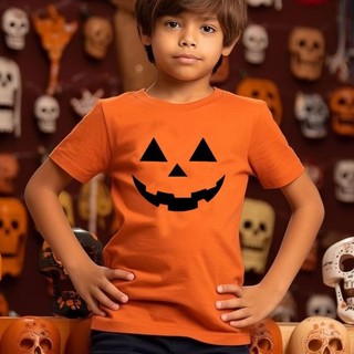 Áo thun trẻ em Halloween in hình bí ngô cười Trang phục ngắn tay ma quái cho bé trai bé gái