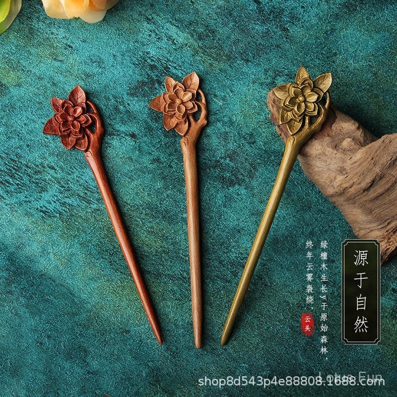 Gỗ Đàn Hương Xanh Tay Khắc Cổ Bằng Gỗ Kẹp Tóc Cuộn Tóc Bóng Đầu Nhà Sản Xuất Bán Buôn Bước Lắc Kẹp Tóc Hanfu Mũ Đội Đầu Đào