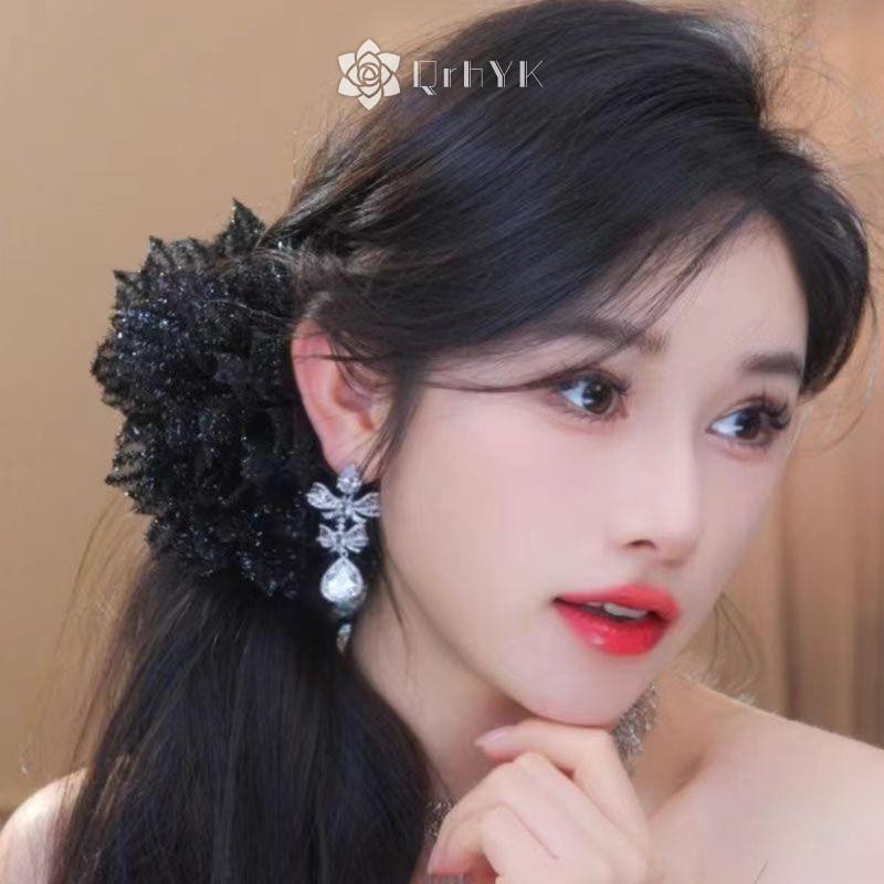 Qrhyk Thời Trang Lưới Đen Hoa Nữ Đuôi Ngựa Kẹp Mũ Đội Đầu Tính Khí Hoa Tóc Móng Vuốt Mũ Phụ Kiện Tóc Mới