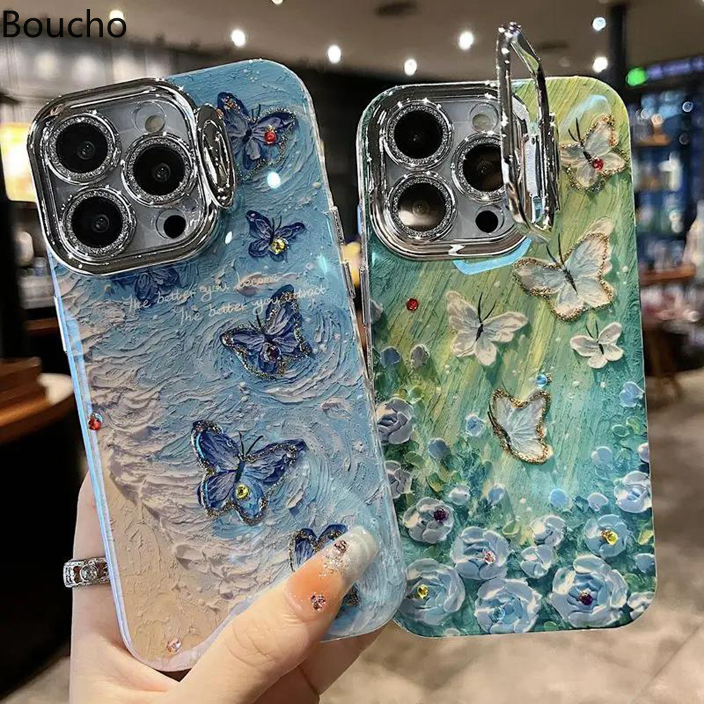 Dành Cho iPhone 13 Pro Tranh Sơn Dầu Hoa Bướm Thỏ Họa Tiết Ốp Lưng Điện Thoại iPhone 11 12 13 14 15 Pro Max 15 plus Ống Kính Bảo Vệ Phim Với Giá Đỡ Cụ Thể Chức Năng Bao