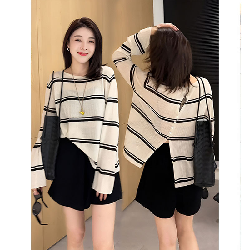 Áo len dệt kim dài tay sọc tương phản kiểu cổ điển SUXI 240725
