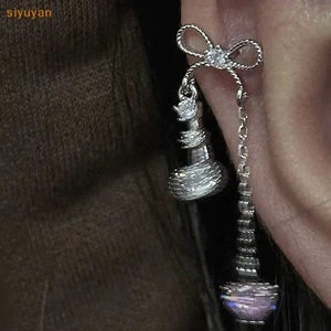 Siyuyan Ngọt Nơ Trái Tim Dài Mặt Dây Chuyền Xương Tai Móng Tay Dành Cho Nữ Bé Gái Màu Bạc sels Cochlear Móng Tay Bông Tai Phụ Kiện Trang Sức VN