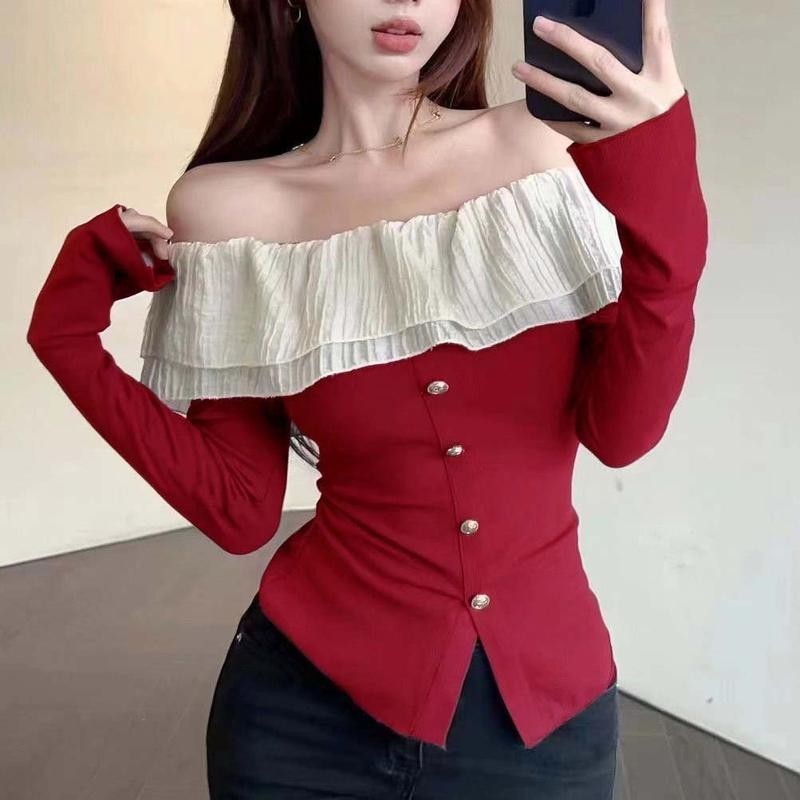 Áo Thun Dài Tay Trễ Vai Phối Bèo Tay Loe Nút Ngọc Chất Thun Gân Tăm Phong Cách Hàn Quốc- A299