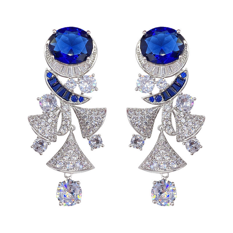 Sang Trọng Bạc 925 Kim Cương Xanh Zircon Bông Tai Hình Quạt Váy Tua Rua Bông Tai