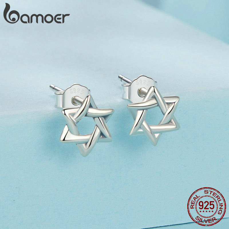 Bông tai bạc Bamoer 925 Thiết kế ngôi sao sáu cánh Quà tặng trang sức dành cho nữ.