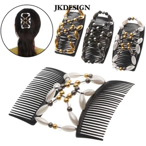 JKDESIGN Lược cài tóc hai đầu co giãn đính hạt nhiều màu thủ công DIY cho nữ