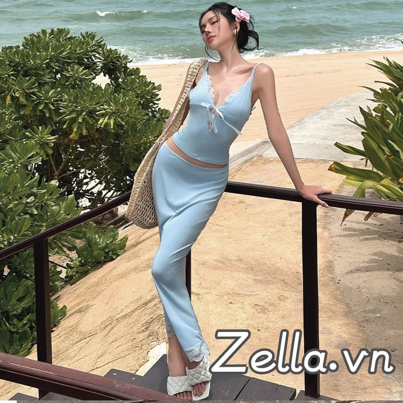 Bộ trang phục mùa hè 2 món dành cho nữ Áo hai dây không tay + Bộ váy dài