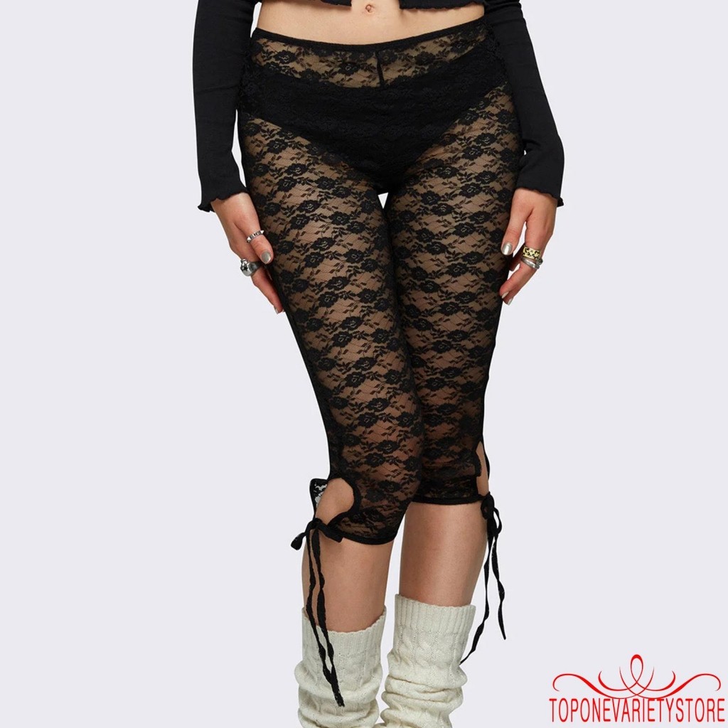 Topone-nữ Ren Capri Quần Thường Ngày Băng Cutout Quần thun xuyên thấu