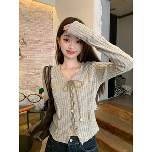 Suxi Áo dệt kim dài tay cổ chữ V có ren mùa thu mới Áo sơ mi nữ 240913