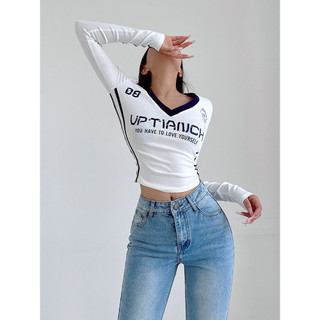 Áo thun nữ cổ V dài tay phong cách Retro in chữ Golf - Áo kiểu nữ form ôm sát mặc đi chơi công sở